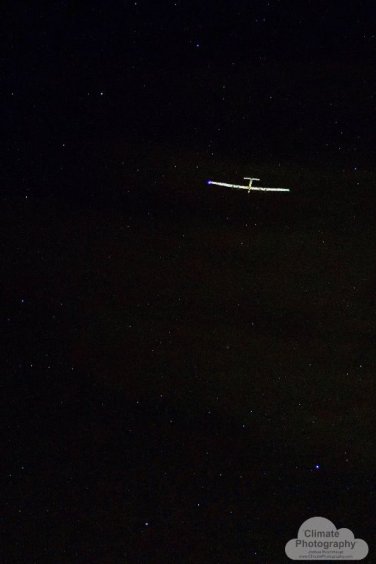 Solar Impulse 2, gaining altitude among the clouds and twinkling stars, miles away, Goodyear International Airport, Phoenix, AZ, Leg 11, May 12, 2016 (https://www.solarimpulse.com/leg-11-from-Phoenix-to-Tulsa).